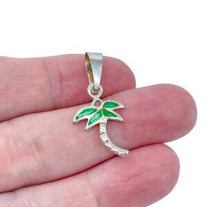 Estate Sterling Silver 925 Green Opal Inlay Palm Tree Pendant